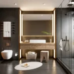 2 BHK Avant Heritage Jogeshwari East Bathroom With Luxury Interiors Glass Shower And Wooden Vanity