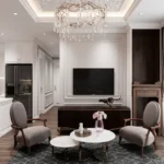 2 BHK Avant Heritage Jogeshwari East Living Room With Elegant Interiors Chandelier And Modern Seating