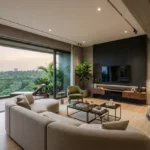 2 BHK Mehta Marquina Goregaon East contemporary living room with curved sofa, black TV wall and balcony