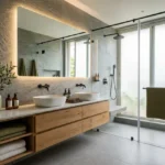 2 BHK Mehta Marquina Goregaon East luxury bathroom with double vanity sink illuminated mirror and frameless glass shower