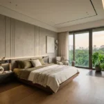 2 BHK Mehta Marquina Goregaon East minimal master bedroom with wooden flooring soft lighting and large windows facing greenery