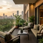 2 BHK Mehta Marquina Goregaon East private balcony seating area with wooden deck flooring and panoramic city skyline views