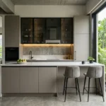 2 BHK Mehta Marquina Goregaon East modern open kitchen with breakfast counter matte cabinets and full height glass windows