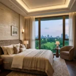 25 Downtown Mahalaxmi 4 BHK Master Bedroom Interior With Floor To Ceiling Golf Course View Windows