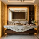 25 Downtown Mahalaxmi 4 BHK Marble Vanity Bathroom Interior With Backlit Mirror And Wooden Panels