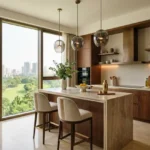 25 Downtown Mahalaxmi 4 BHK Modern Kitchen Interior With Wooden Island Counter And Skyline View