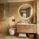 3 BHK Akasa Shivaji Park Dadar Modern Beige Bathroom With Round Mirror And Glass Shower Area