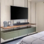3 BHK Bungalow Green Garden Chembur Mumbai Bedroom With Wall Mounted TV Floating Cabinet Decorative Items Curtains