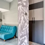 3 BHK Bungalow Green Garden Chembur Mumbai Lounge Seating Corner With Blue Sofa Wardrobe