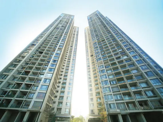 3 BHK Imperial Heights Goregaon West Twin High Rise Tower Low Angle Blue Sky Exterior View