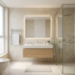 3 BHK Lotus Ananya JVPD Juhu Full Marble Warm Toned Bathroom Backlit Mirror Glass Enclosure