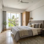 3 BHK Lotus Ananya JVPD Juhu Warm Wood Wardrobe Grey Bed Open Treetop Cityview Bedroom