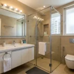 3 BHK Lotus Ananya JVPD Juhu Travertine Wall White Cabinet Hollywood Lit Mirror Glass Shower Bathroom