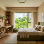 3 BHK Mahindra Rainforest LBS Road Kanjur kids bedroom with study desk bookshelf and garden facing window