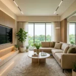 3 BHK Mahindra Rainforest LBS Road Kanjur living room with beige sofa seating and wooden TV feature wall