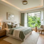 3 BHK Mahindra Rainforest LBS Road Kanjur master bedroom with soft beige interiors and garden facing window