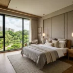 3 BHK Mahindra Rainforest LBS Road Kanjur premium bedroom with large glass window overlooking green landscape