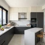 3 BHK Tranquil Bay Prabhadevi Charcoal Cabinet White Marble Island Wood Bar Stool Sea View Kitchen