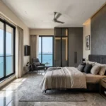 3 BHK Tranquil Bay Prabhadevi Dark Headboard Built In Wardrobe Full Sea And Bridge View Bedroom
