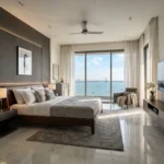 3 BHK Tranquil Bay Prabhadevi Warm Wood Bed Sheer Curtain Unobstructed Arabian Sea View Bedroom