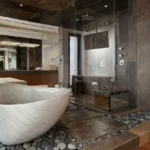 4 BHK Casa Solaris Siolim Goa Sculptural Stone Soaking Tub Dark Glass Enclosure Bathroom