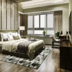 4 BHK Casa Solaris Siolim Goa Beige Panel Bed Dark Wood Floor Sheer Curtain Bedroom
