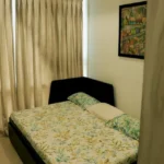 4 BHK Lodha Marquise Lower Parel Floral Bedcover Dark Headboard Beige Curtain Bedroom