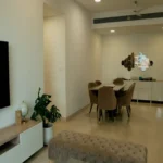 4 BHK Lodha Marquise Lower Parel Velvet Dining Chair Hexagon Mirror White Console Open Plan Living Dining