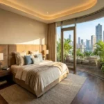 4 BHK Lodha World Crest Lower Parel Warm Toned Tray Ceiling Curved Glass Balcony Master Bedroom