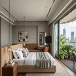 4 BHK Lodha World Crest Lower Parel Grey Toned Pendant Balcony Skyline Bedroom