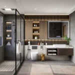 4 BHK Rustomjee Crown Tower C Prabhadevi Wood Slat Backlit Shelf Glass Shower Bathroom