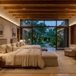 6 BHK Villa KMD Hills Awas Alibaug Evening Courtyard Bedroom With Warm Wooden Ceiling Design