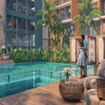 Agarwal Florence SV Road Goregaon West Poolside Seating Area With Wooden Deck Lounge Furniture