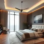 Agarwal Floresta Upper Govind Nagar Malad East 3 BHK Luxury Bedroom Interior With Upholstered Bed Wooden Flooring Ambient Ceiling Lighting
