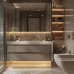 Agarwal Floresta Upper Govind Nagar Malad East 3 BHK Premium Bathroom Design With Vanity Mirror Ambient Lighting Marble Wall Finish