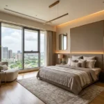 Ajmera Arham Malad West 3 BHK Cove Lit Taupe Upholstered Panel Arched Mirror Bouclé Chair Wood Floor Cityview Bedroom