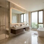 Ajmera Arham Malad West 3 BHK Double Sink Dark Vanity Backlit Mirror Freestanding Tub Glass Rain Shower Marble Master Bathroom