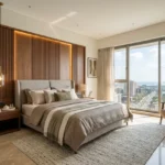Ajmera Arham Malad West 3 BHK Fluted Wood Panel Cove Lit Upholstered Bed Glass Pendant City View Master Bedroom
