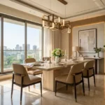 Ajmera Arham Malad West 3 BHK Gold Box Frame Chandelier Travertine Table Beige Chair Cove Lit Fluted Panel Cityview Dining Room