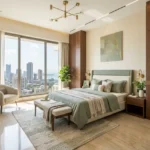 Ajmera Arham Malad West 3 BHK Gold Sputnik Pendant Sage Green Linen Bed Wood Wardrobe City View Guest Bedroom