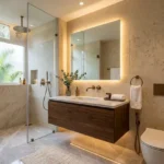 Ajmera Arham Malad West 3 BHK Travertine Wall Dark Wood Vanity Backlit Mirror Glass Rain Shower Tropical View Bathroom