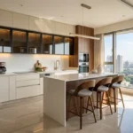 Ajmera Arham Malad West 3 BHK White Quartz Island Curved Wood Bar Stool Glass Cabinet Cityview Modular Kitchen