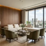 Ajmera Arham Malad West 3 BHK White Sectional Olive Velvet Armchair Fluted Wood Panel Full Cityview Living Room