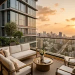 Ajmera Arham Malad West 3 BHK White Sofa Set Wood Deck Potted Olive Tree Round Table Sunset Cityview Skydeck Balcony