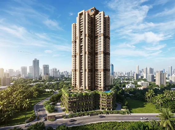 Ajmera Arham Malad West Vertical Garden Clad Podium Pool Warm Facade Full Cityscape Aerial Tower Exterior