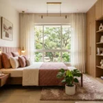 Anupama 6th Road Chembur 3 BHK Bedroom With Upholstered Bed Wooden Wardrobe Large Window Pendant Lights And Indoor Plant Decor