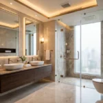 Ariha Skyes Goregaon West 3 BHK designer marble bathroom with glass shower enclosure