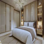 Ariha Skyes Goregaon West 3 BHK elegant designer bedroom with chandelier lighting