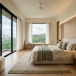 Ashar Merac Wagle Estate Thane West 3 BHK Study Room With Built In Wooden Work Desk Open Shelving Lounge Seating And Modern Minimal Decor