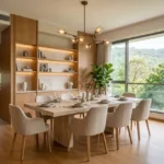 Ashar Merac Wagle Estate Thane West 3 BHK Dining Area With Six Seater Dining Table Wooden Display Shelves Designer Chandelier And Minimal Decor